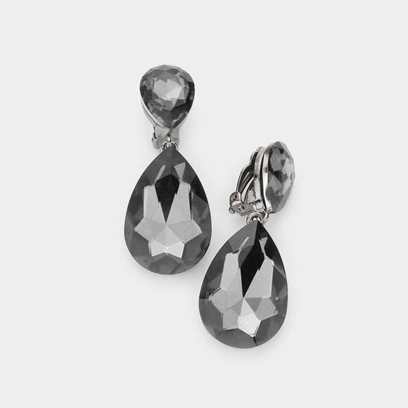 Clip on 1 3/4" gunmetal and gray stone double teardrop dangle earrings - Picture 4 of 4